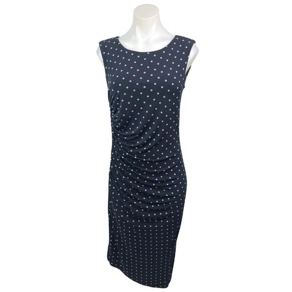 Vince Camuto Navy Blue Polka Dots Sleeveless Ruched Knit Midi Bodycon Dress XS - Picture 1 of 5